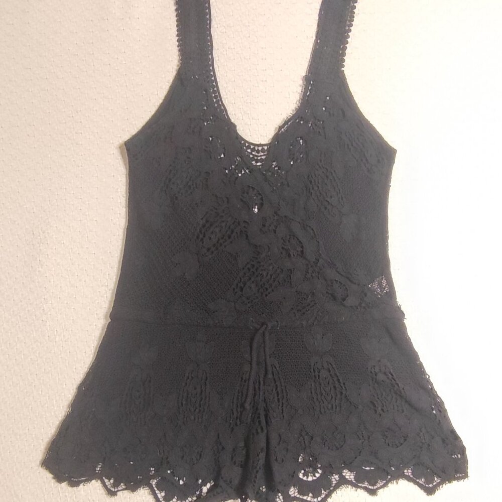 FREE PEOPLE Jumpsuite DARK NIGHT EMBELLISHED LACE-UP BACK TUNIC short BLACK L - Picture 2 of 9